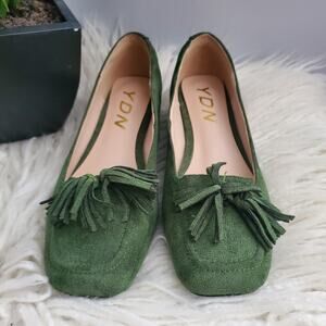 YDN Green Square Toe Chunky Block Low Heel Slip On Suede Loafers Size 6